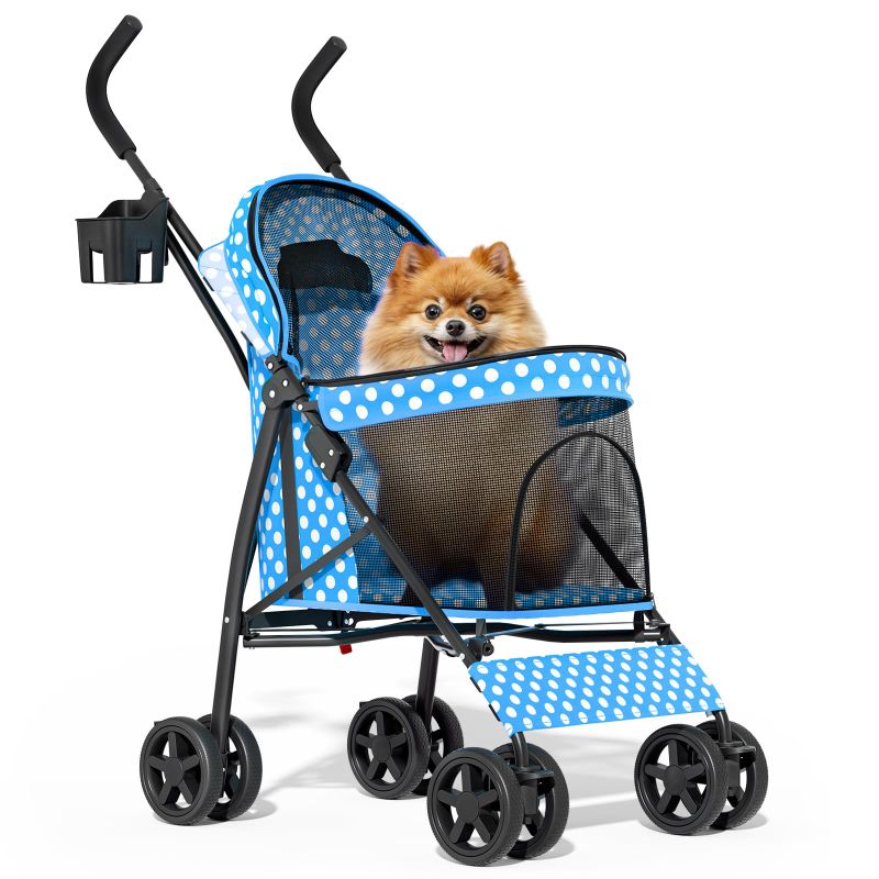 Photo 1 of 4 Wheels Pet Stroller, Easy-Fold Umbrella Shaped Dog Cat Jogger Stroller w/Storage Bag & Visible Mesh for Small/Medium Dogs Cats Sky Blue Polka Dots