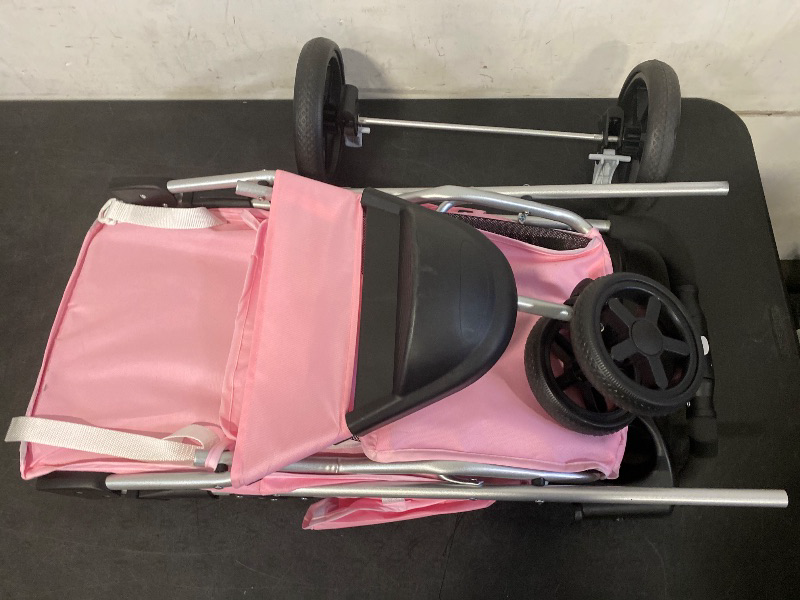Photo 1 of 3-Wheels Foldable Pet Stroller with Waterproof Cover, Pet Strolling Cart for Small/Medium Dogs and Cats with Storage Basket and Cup Holder, Breathable and Visible Mesh for All-Season, Pink