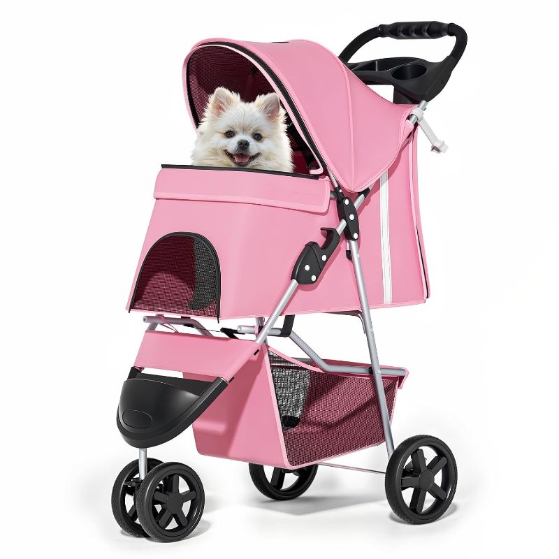Photo 1 of 3-Wheels Foldable Pet Stroller with Waterproof Cover, Pet Strolling Cart for Small/Medium Dogs and Cats with Storage Basket and Cup Holder, Breathable and Visible Mesh for All-Season, Pink