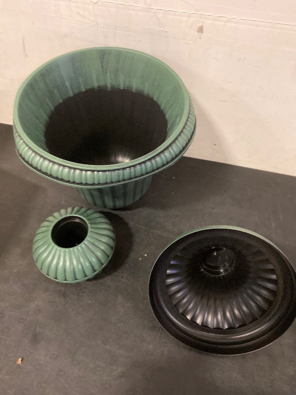 Photo 1 of 20-Inch Plastic Urn Planter Vase – Vintage Roman Flower Pot for Indoor & Outdoor Plants, Patio, Garden, Wedding Decor, Lightweight & Drainage Hole, Retro Home Porch Decor (Dark Green)