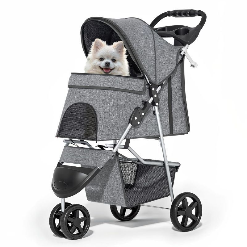 Photo 1 of Foldable Pet Stroller with Weather Cover, 3 Wheels Pet Strolling Cart for Small/Medium Dogs and Cats with Storage Basket and Cup Holder, Breathable and Visible Mesh for All-Season, Grey