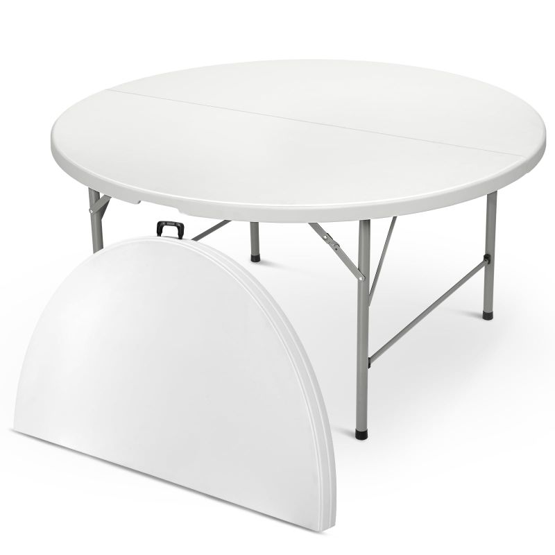 Photo 1 of 5Ft Round Folding Table, Indoor Outdoor Plastic Dining Card Table with Handle and Lock for Picnic Party Banquet Wedding, White Toptable Gray Legs