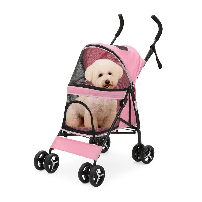 Photo 1 of 4 Wheels Pet Stroller, Dog Stroller for Medium Dogs 22 Lbs Puppy Cat Stroller Pet Cart Pet Gear with Back Pocket, Sun Shade, Pink