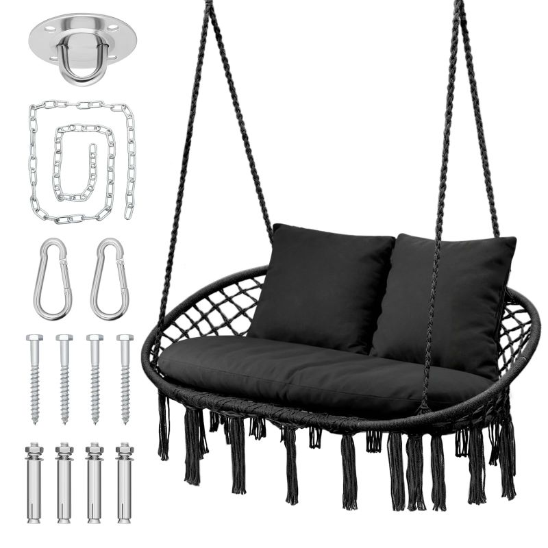 Photo 1 of 2 Seat Hammock Chair Hanging Macrame Swing 3 Cushions Included, Indoor/Outdoor Boho Chair for Adults, Max 700 lbs Capacity Patio Hanging Chair Porch Hammock Chair Hanging Rope Swing, Black