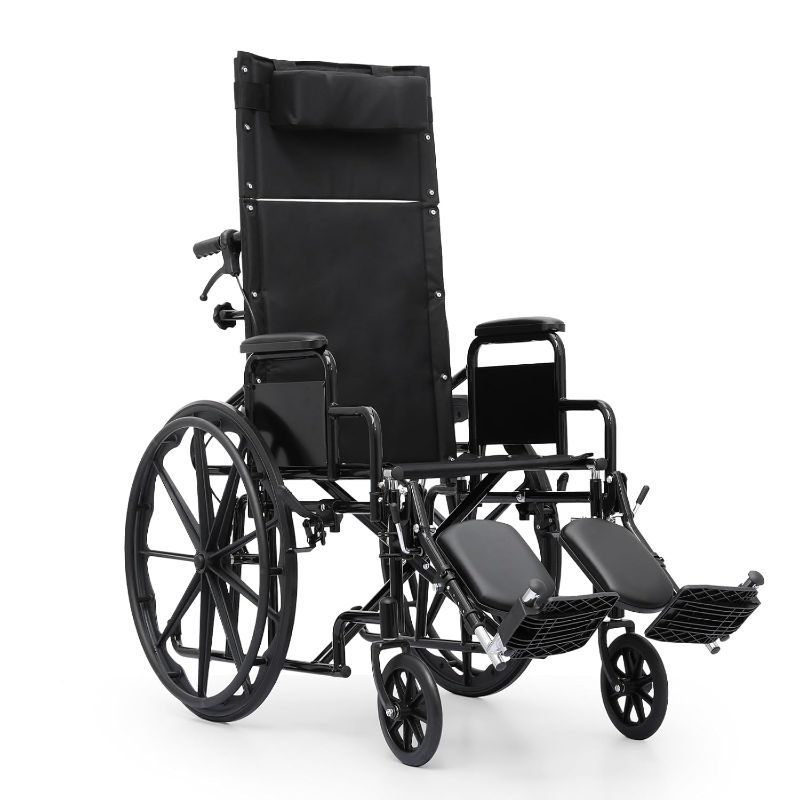 Photo 1 of High Back Foldable Transport Wheelchair for Adults 300-lbs Heavy-Duty Folding Self-Propelled Wheel Chair with Removable Headrest Swing-Away Adjustable Footrest, Black 18.5-inch Reclining Seat