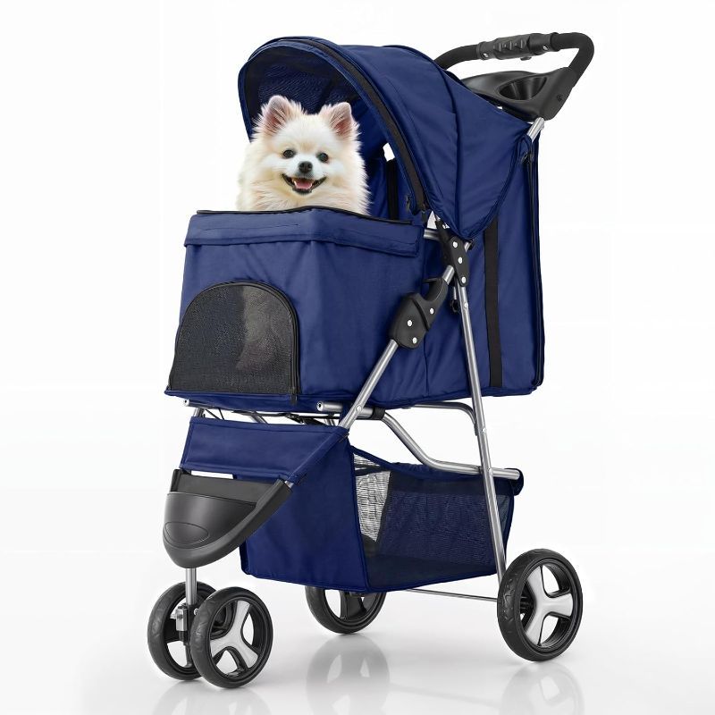 Photo 1 of 3 Wheels Pet Stroller, Foldable Dog Cat Cage Jogger Stroller with Weather Cover for All-Season, Storage Basket and Cup Holder, Breathable and Visible Mesh for Small/Medium Pets, Blue