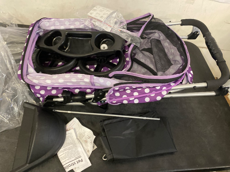 Photo 1 of 3 Wheels Pet Dog Cat Stroller for Small Medium Dogs Cats, Foldable Jogger Stroller w/Storage Basket and Cup Holder, Purple Polka Dots