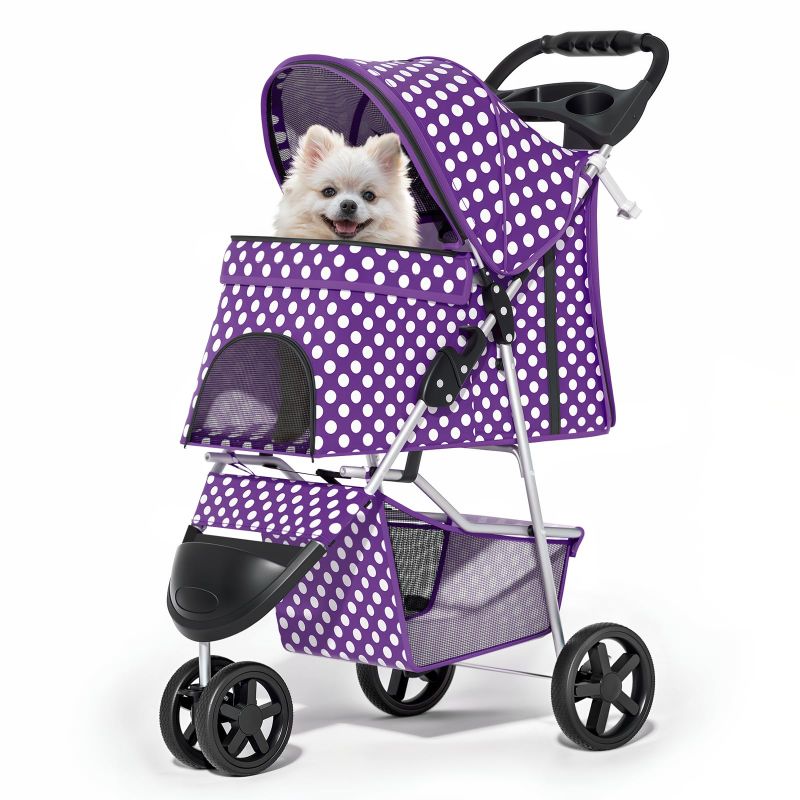 Photo 1 of 3 Wheels Pet Dog Cat Stroller for Small Medium Dogs Cats, Foldable Jogger Stroller w/Storage Basket and Cup Holder, Purple Polka Dots