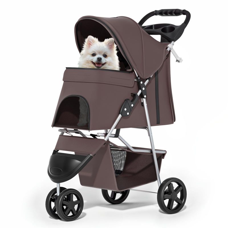 Photo 1 of Foldable Dog Strollers for Small Dogs with Weather Cover, 3 Wheels Pet Strolling Cart for Dogs and Cats with Storage Basket and Cup Holder, Breathable and Visible Mesh for All-Season, Coffee