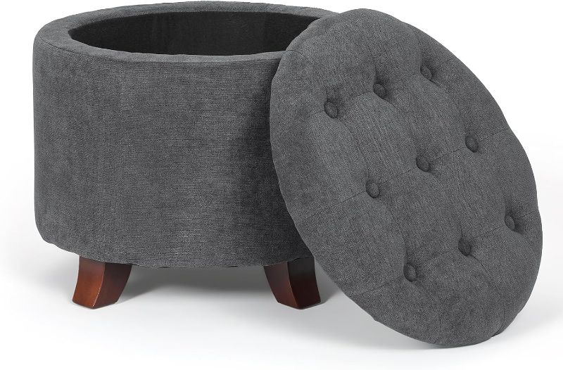 Photo 1 of 20 Inch Small Ottoman with Storage, Round Linen Fabric Storage Ottoman with Removable Lid, Stylish Footstool Foot Rest for Living Room, Bedroom, Dorm, Dark Grey