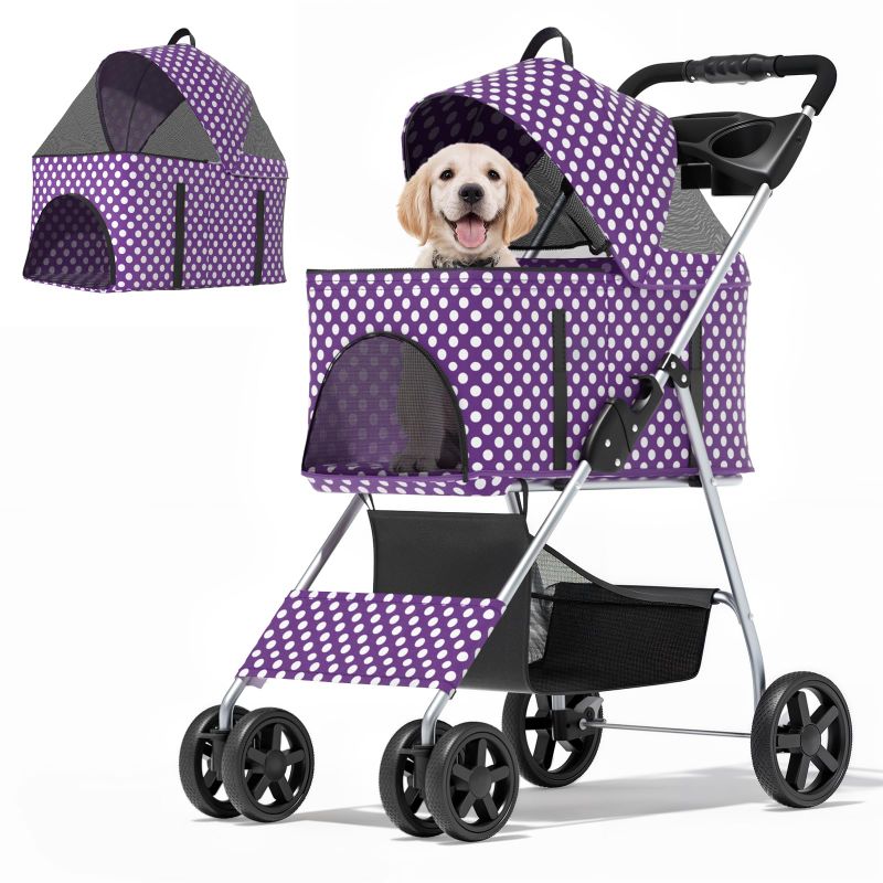 Photo 1 of 3 in 1 Foldable Pet Stroller for Small & Medium Dogs, Detachable Carrier, Car Seat, Push Button Entry, 4-Wheel Jogger for Pets up to 33 lbs, Purple Polka Dots