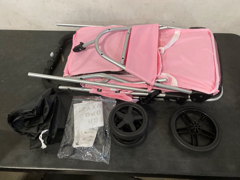 Photo 1 of 3-Wheels Foldable Pet Stroller with Waterproof Cover, Pet Strolling Cart for Small/Medium Dogs and Cats with Storage Basket and Cup Holder, Breathable and Visible Mesh for All-Season, Pink