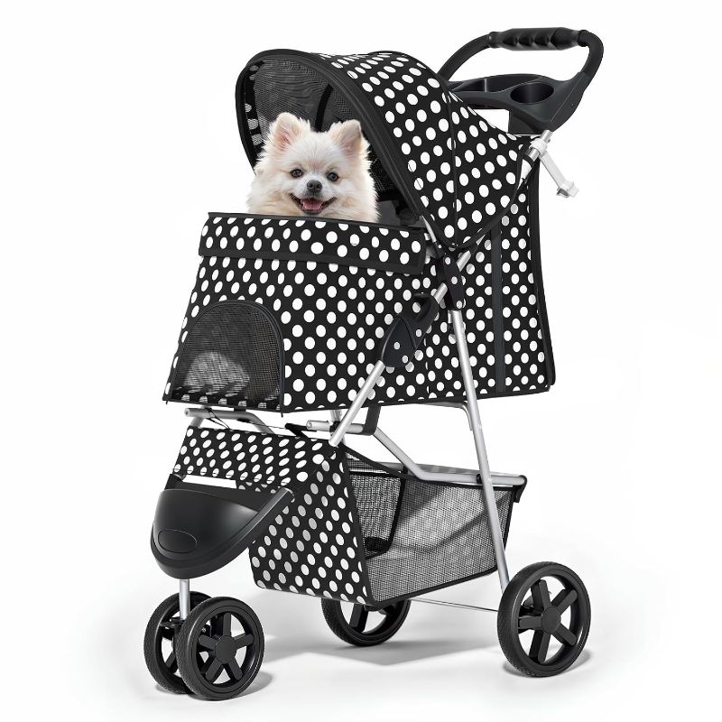 Photo 1 of 3 Wheels Pet Dog Cat Stroller for Small Medium Dogs Cats, Foldable Jogger Stroller w/Storage Basket and Cup Holder, Black Polka Dots