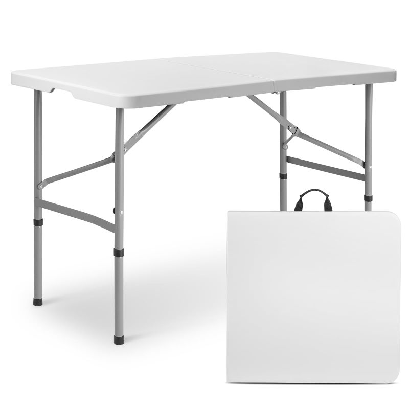 Photo 1 of 4Ft Folding Card Table, Outdoor Foldable Small Portable Plastic Dining Picnic Cookout Table w/Height Adjustable and Handle, White