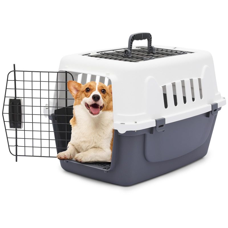 Photo 1 of 22-Inch Dog Crate Plastic 2-Door Top Loading Cat Carrier, Hard-Sided Dog Travel Carrier for Small Dogs and Cats, Ventilation and Security Lock Design for Pets up to 22 lbs (Grey)