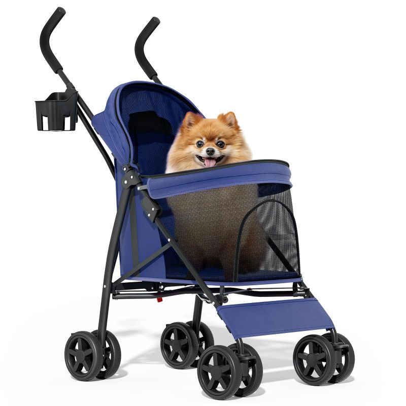 Photo 1 of 4 Wheels Pet Stroller, Easy-Fold Puppy Cage Jogger Stroller with Sun Cover, Pad and Rear Storage Bag, Breathable and Visible Mesh for Small/Medium Pets up to 22 lbs, Navy Blue