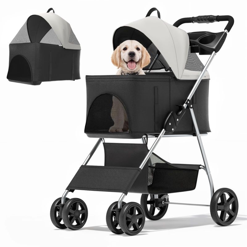 Photo 1 of 3 in 1 Foldable Pet Stroller for Small & Medium Dogs, Detachable Carrier, Car Seat, Push Button Entry, 4-Wheel Jogger for Pets up to 33 lbs, Black