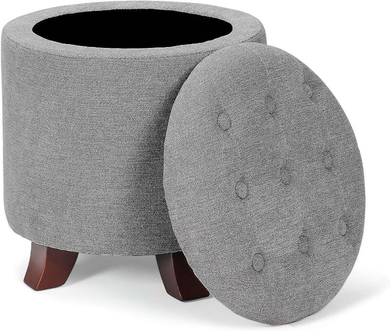 Photo 1 of 15 Inch Small Ottoman with Storage, Round Linen Fabric Storage Ottoman Foot Rest with Removable Lid, Multipurpose Footstool Footrest for Living Room, Bedroom, Dorm, Grey