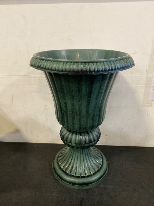 Photo 1 of 20-Inch Plastic Urn Planter Vase – Vintage Roman Flower Pot for Indoor & Outdoor Plants, Patio, Garden, Wedding Decor, Lightweight & Drainage Hole, Retro Home Porch Decor (Dark Green)