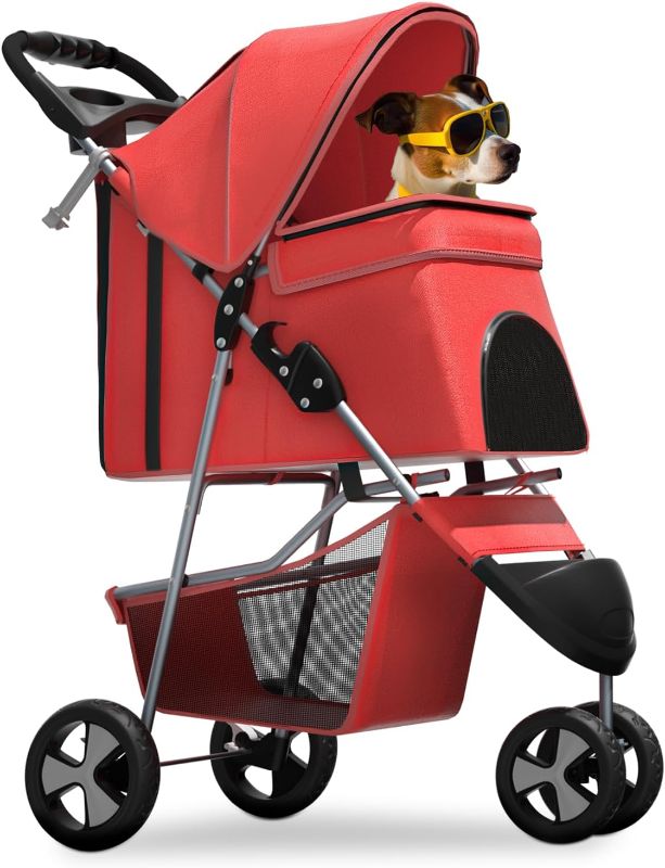 Photo 1 of 3-Wheel Pet Stroller, Foldable Travel Jogger for Small & Medium Dogs & Cats (Up to 33lbs), Lightweight Carrier with Breathable Mesh Cover, Cup Holder & Storage Basket, Red
