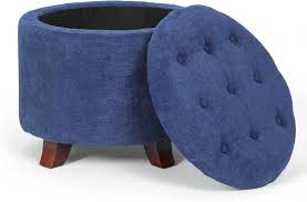 Photo 1 of 15 Inch Small Ottoman with Storage, Round Linen Fabric Storage Ottoman Foot Rest with Removable Lid, Multipurpose Footstool Footrest for Living Room, Bedroom, Dorm, Blue