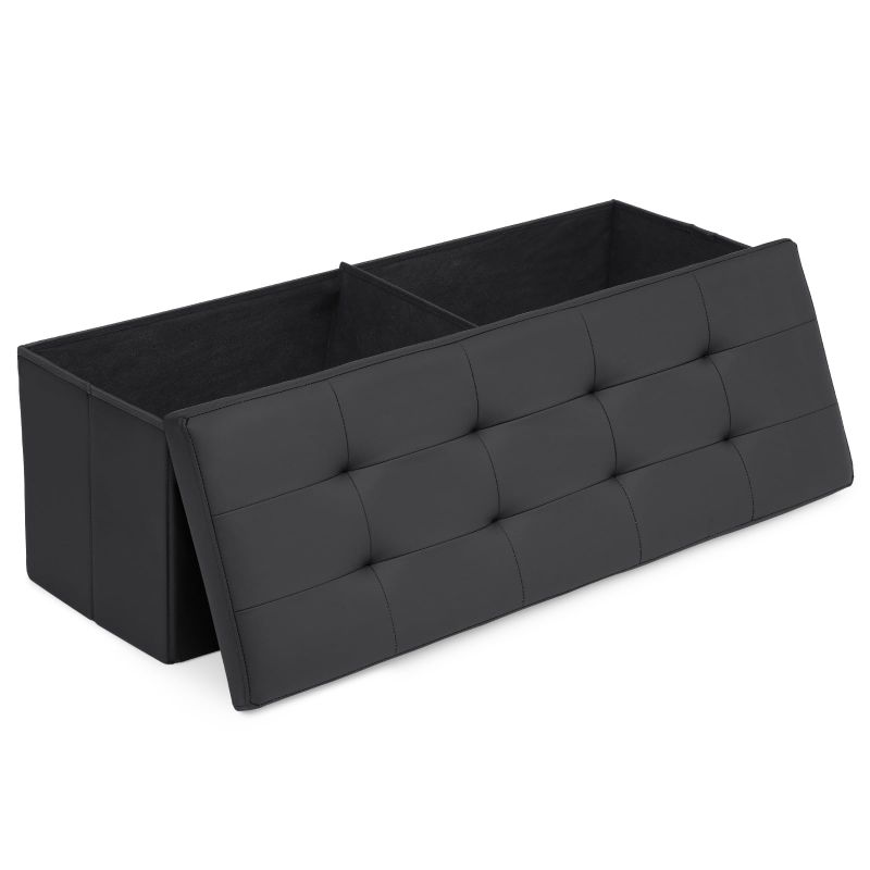 Photo 1 of 43" Storage Ottoman Bench Folding Bench with 130L Hidden Storage, Large End of Bed Bench PU Leather Foot Rest Stool Chest with Flipping Lid for Living Room, Bedroom, Entryway, Black