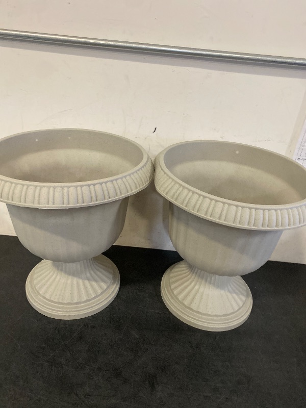 Photo 1 of 14 Inch Large Outdoor Home Lightweight Plastic Utopian Urn Flower Planter Pot 2 pack for Entryways and Backyard Patios, Stone