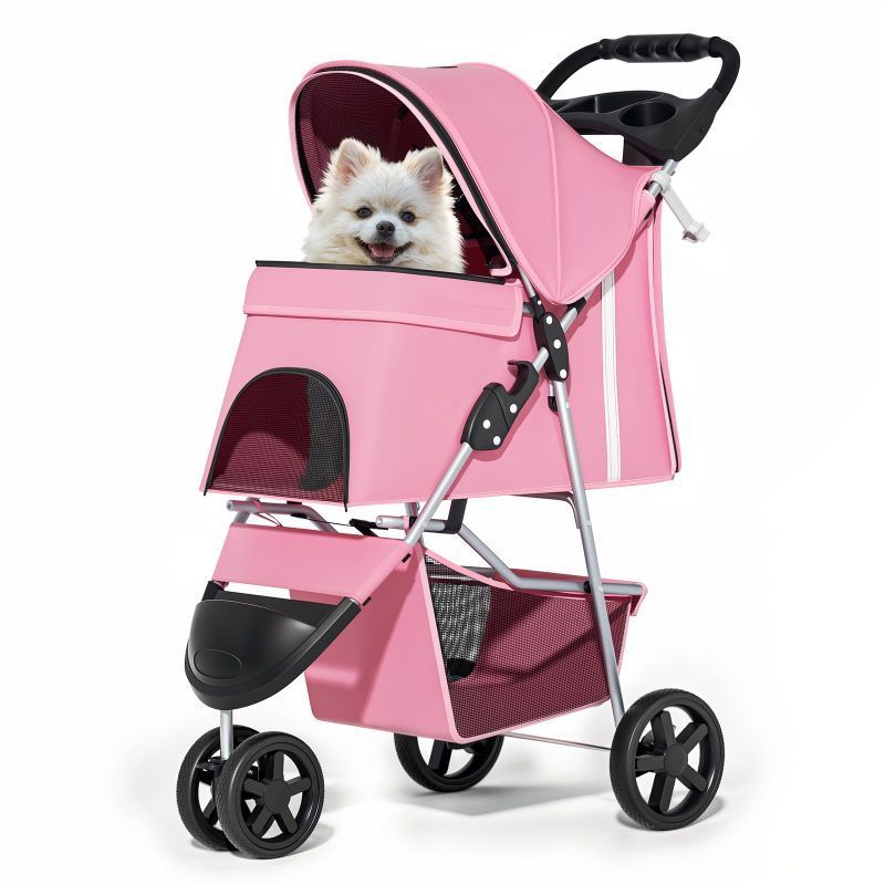 Photo 1 of 3-Wheels Foldable Pet Stroller with Waterproof Cover, Pet Strolling Cart for Small/Medium Dogs and Cats with Storage Basket and Cup Holder, Breathable and Visible Mesh for All-Season, Pink