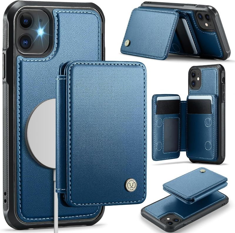 Photo 1 of Compatible with Magsafe for iPhone 11 Wallet Case Magnetic Card Holder, RFID Blocking 2 in 1 Detachable Kickstand Shockproof Case for Women Men, Blue