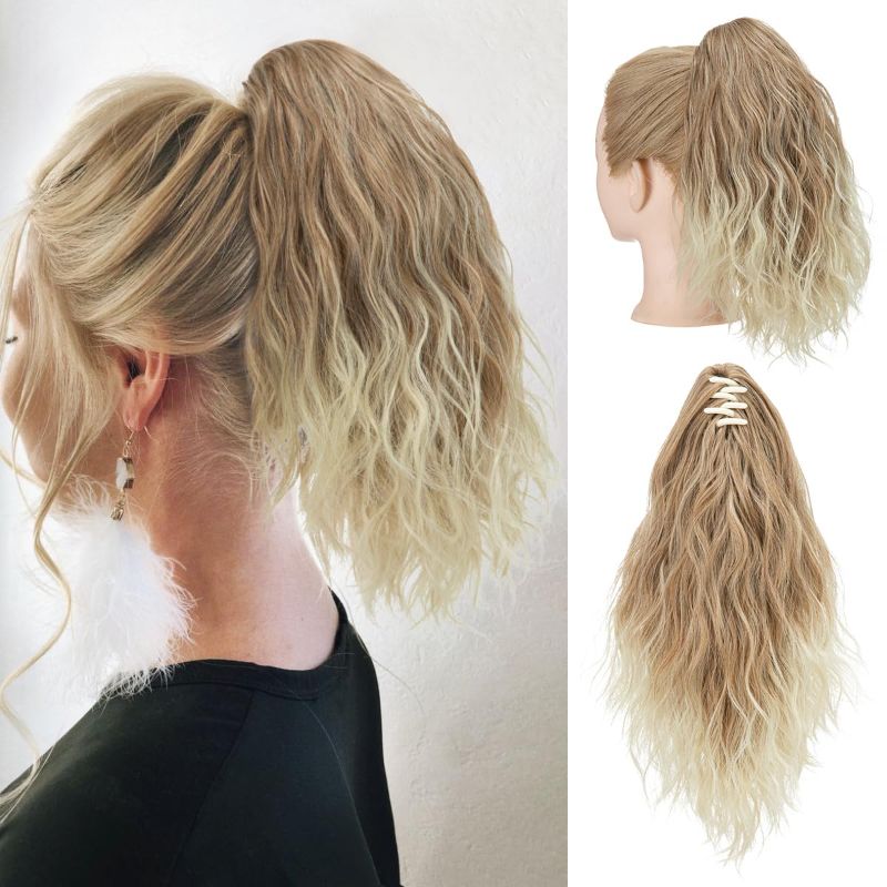 Photo 1 of Claw Clip in Short Ponytail Extension 13 Inch Fluffy Synthetic Curly Wavy Pony Tail Hairpiece for Women Gloden Blonde and Beach Blonde Tips