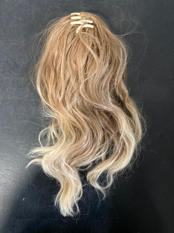 Photo 1 of Claw Clip in Short Ponytail Extension 13 Inch Fluffy Synthetic Curly Wavy Pony Tail Hairpiece for Women Gloden Blonde and Beach Blonde Tips