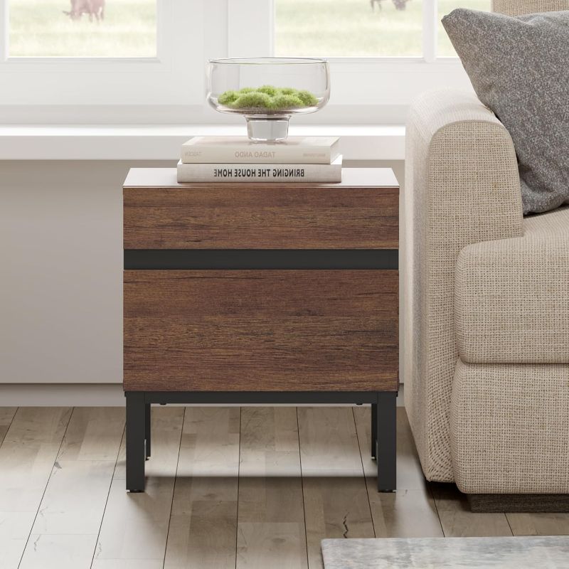 Photo 1 of Modern End Table with 2 Drawers, Sofa Side Table with Storage for Small Spaces, Wooden Nightstand Bedside Table for Living Room, Bedroom, Almond
