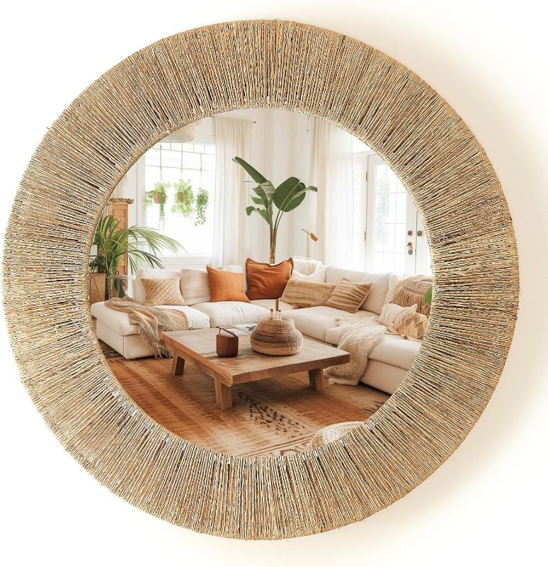 Photo 1 of 24 Inch Jute Mirror, Large Coastal Boho Round Mirror with Rustic Natural Jute Frame, Farmhouse Wall Decor Accent Handwoven for Bathroom, Bedroom, Living Room, or Entryway