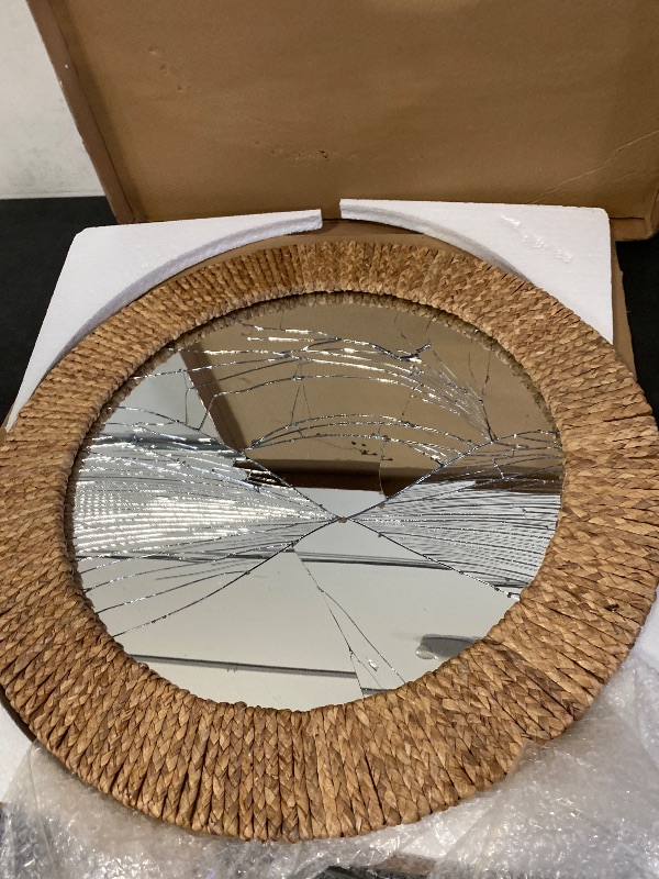 Photo 1 of 24 Inch Jute Mirror, Large Coastal Boho Round Mirror with Rustic Natural Jute Frame, Farmhouse Wall Decor Accent Handwoven for Bathroom, Bedroom, Living Room, or Entryway