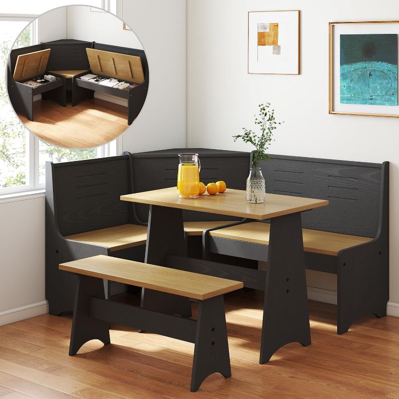 Photo 1 of Partial Set Box 1/3 | Missing 2 Boxes | Breakfast Nook Table Set for Kitchen - Black L Shaped Bench Solid Wood Corner Bench Dining Set with Space Saving Kitchen Booth Seating for 4-6 People Dinner Room