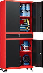 Photo 1 of Dented| Garage Storage Cabinet with Locking Doors and Adjustable Shelves,- 73" Rolling Tool Storage Cabinet with 4 Wheels and 1 Drawer for Garage, Warehouse (Red Black)