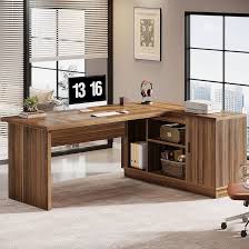 Photo 1 of 71 inch W Walnut Brown L Shaped Computer Desk Writing Table with File Cabinet and Storage Shelves