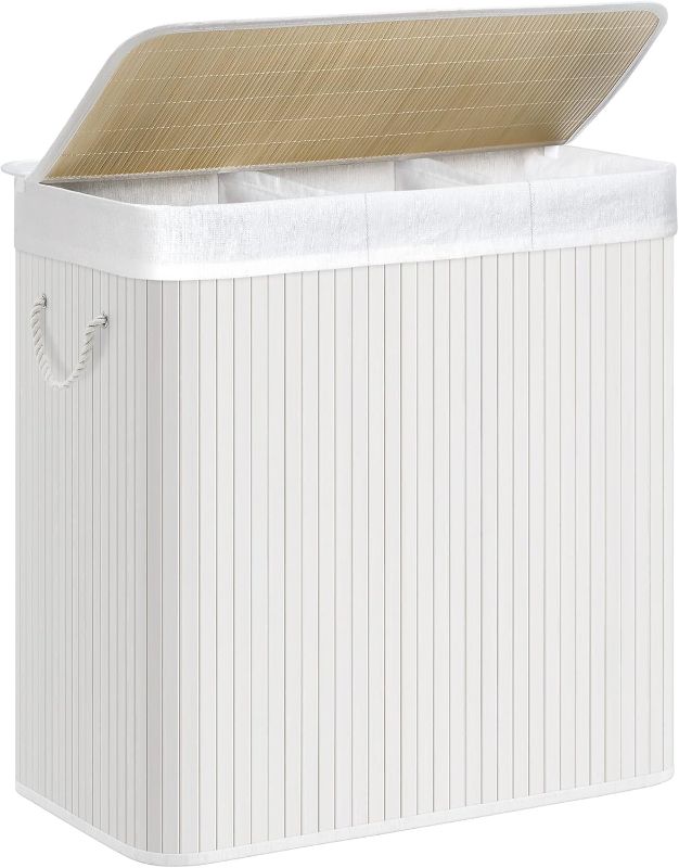 Photo 1 of Laundry Hamper, 39.6 Gallons (150L), 3-Section Laundry Basket, Laundry Hamper with Lid, Bamboo, Foldable, Removable and Machine Washable Liner, for Laundry Room, Bedroom, White ULCB091W01