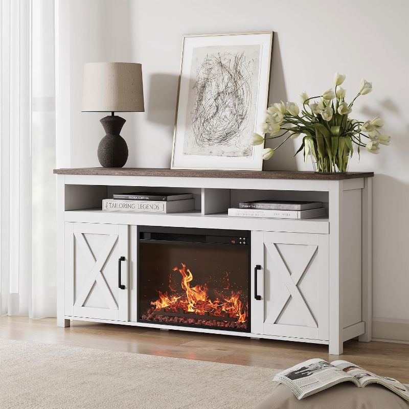 Photo 1 of 58" Farmhouse Fireplace TV Stand for TVs up to 65", 23" Electric Fireplace Heater with Sound, Entertainment Center Media Console Table Barn Door Storage Cabinets for Living Room - White
