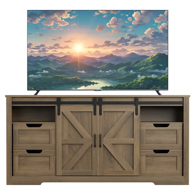 Photo 1 of Rustic Farmhouse TV Stand for TVs up to 70 Inch – 66" Wood Entertainment Center with Sliding Barn Doors, Adjustable Shelf, 4 Storage Drawers – Media Console Cabinet for Living Room or Bedroom – Walnut Color