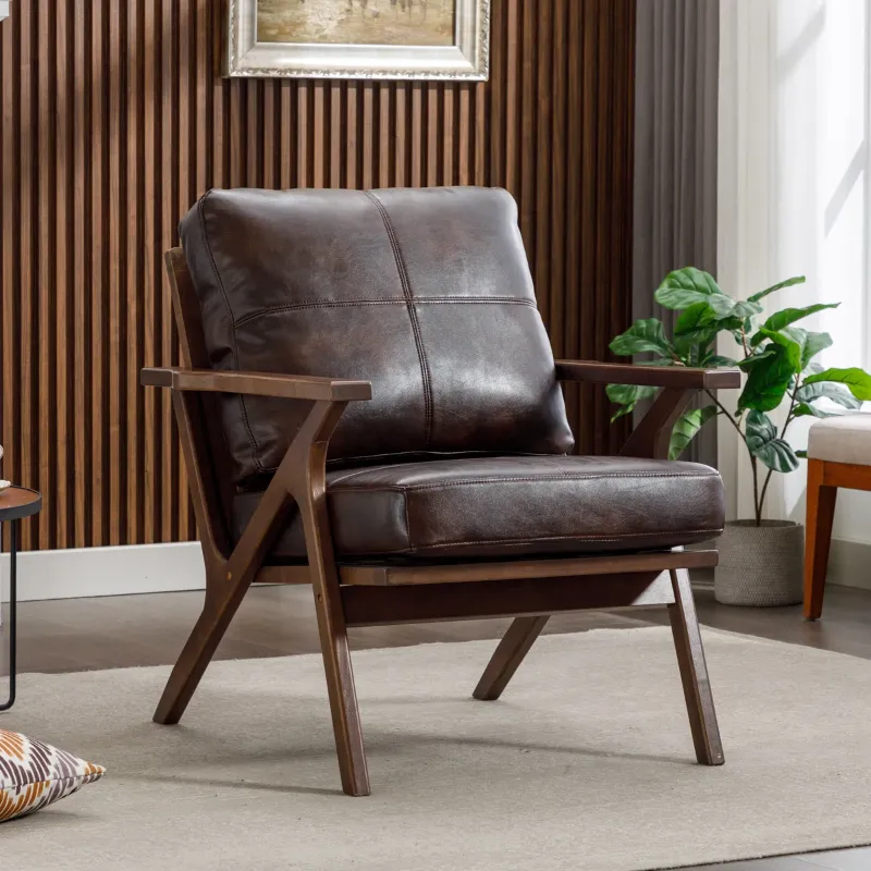 Photo 1 of 29.5" Wide Solid Wood Frame Upholstered Mid Century Armchair Accent Chair with Removable Cushions | One piece damaged