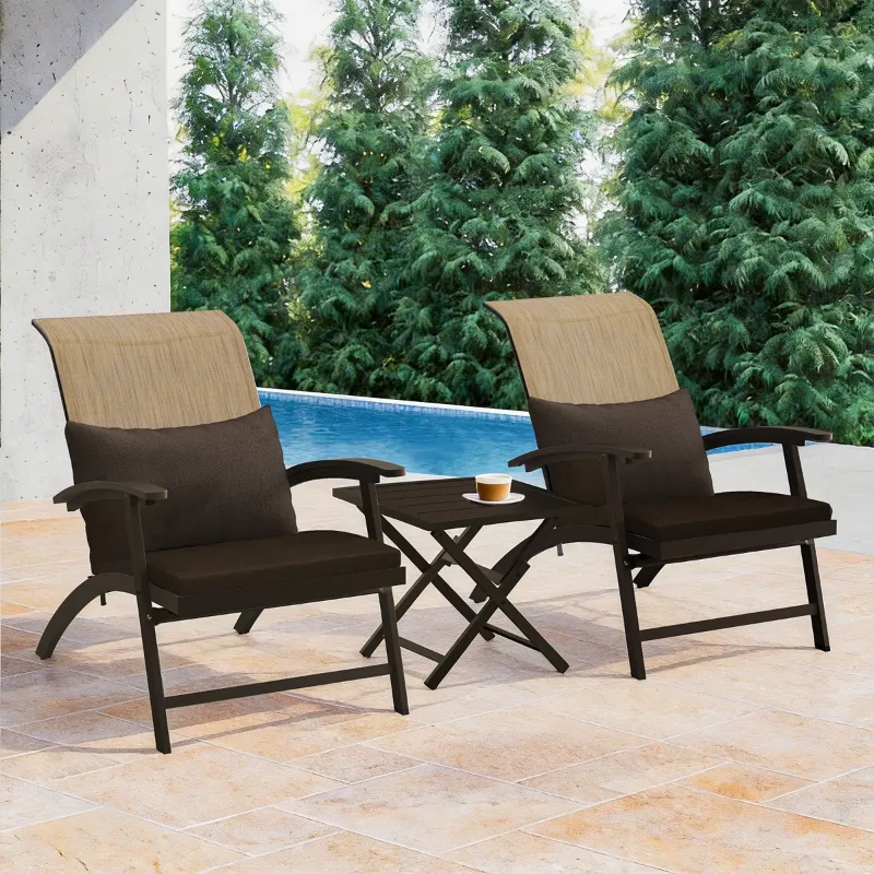 Photo 1 of 3-Piece Outdoor Patio Furniture Set, Folding Conversation Set with Coffee Table, Adirondack Chairs for Garden, Balcony, Backyard, Poolside, All-Weather Wicker Patio Chairs (Grey Cushion)