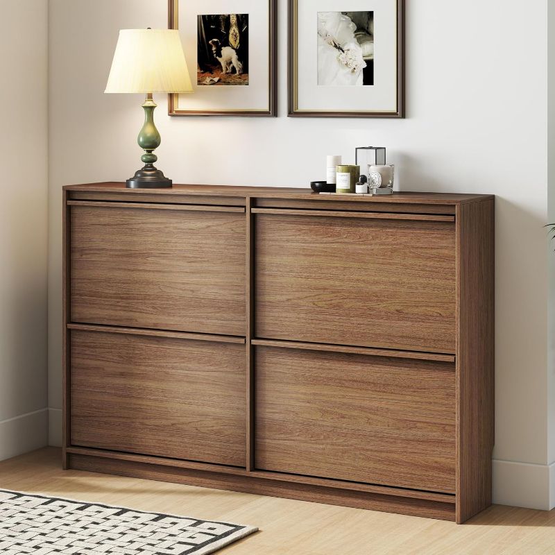 View 1 of Shoe Cabinet with 4 Flip Drawers, Modern Narrow Shoe Storage Cabinet Organizer with Adjustable Shelf, Hidden Freestanding Shoe Rack for Entryway, Hallway, Living Room, Walnut