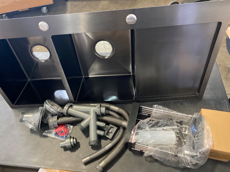 View 9 of 43.43" * 23.6" * 37.2" Freestanding Double Bowl Stainless Steel Utility Laundry/Kitchen Sink with Faucet Black