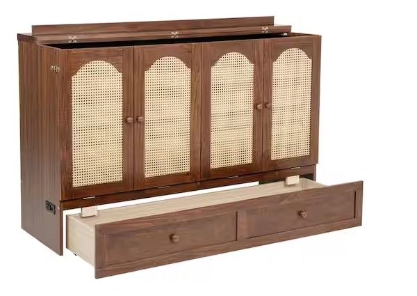 Photo 1 of Walnut Brown Wood Frame Queen Size Murphy Bed with Rattan Decoration Panel, 2 Drawers and Power Station