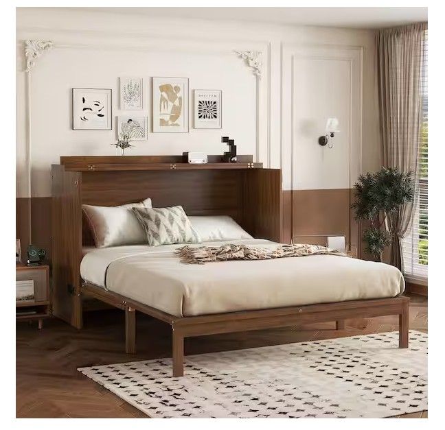 Photo 1 of Walnut Brown Wood Frame Queen Size Murphy Bed with Rattan Decoration Panel, 2 Drawers and Power Station