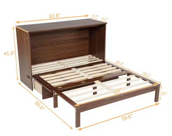 Photo 1 of Walnut Brown Wood Frame Queen Size Murphy Bed with Rattan Decoration Panel, 2 Drawers and Power Station