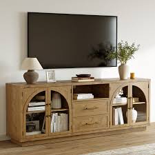 Photo 1 of 70" TV stand with arched glass doors; storage TV cabinet with drawers and cabinets; Media Console and Entertainment Center Brown