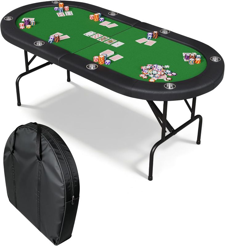 Photo 1 of 8 Player Oval Poker Table Foldable, 72" Poker Game Tables with Storage Bag, Collapsible Legs, Padded Rails & Cup Holders, Portable Folding Game Table for Texas Holdem and Blackjack, Green