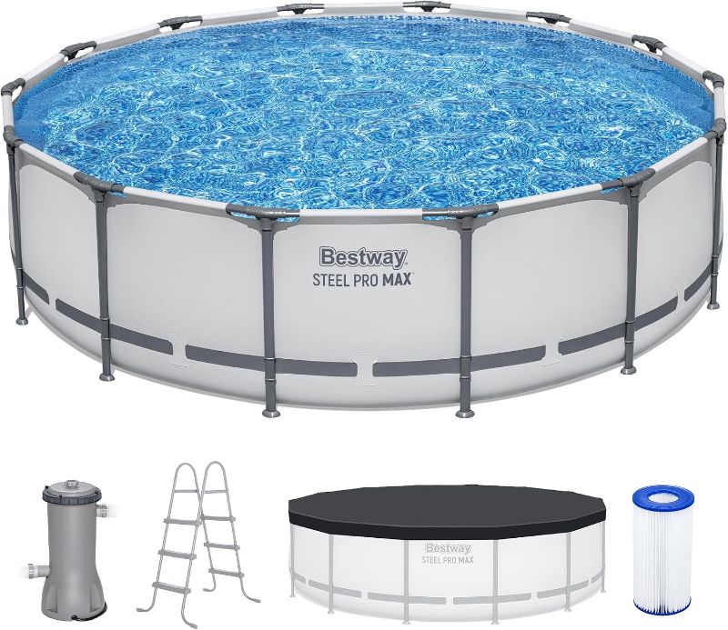 Photo 1 of Bestway Steel Pro MAX 14' x 42" Above Ground Swimming Pool Set with Pump | Durable Round Metal Frame Outdoor Backyard Pool, Puncture-Resistant Liner - Ladder and Cover Included, Gray